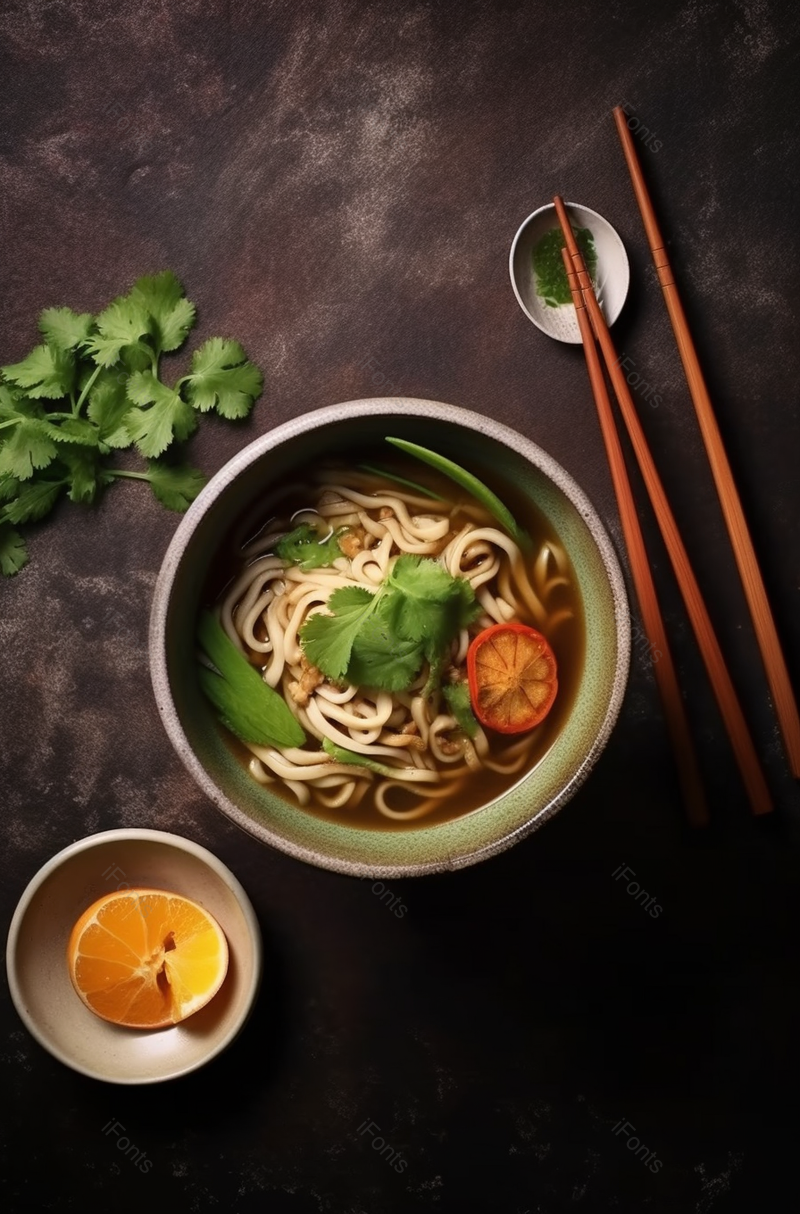 亚洲拉面面汤香菜配菜和橙子放在桌子上餐饮美食图像摄影,高清,摄影图,摄影图片,图片大全,摄影图免费下载